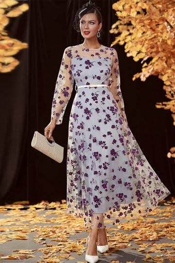 Sliver A Line Tea Length Mother of the Bride Dress with Long Sleeves